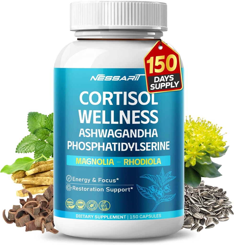 CORTISOL Wellness Ashwagandha 14-in-1 תערובת טבעית עם Phosphatidylserine Magnolia Rhodiola St. John's Wort Peppert Bacopa - 150 Count - Made & Tested בארצות הברית