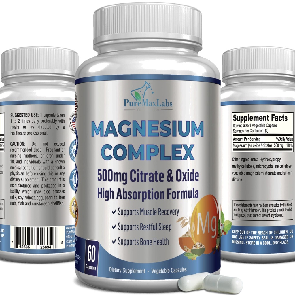 High Absorption Magnesium Citrate Complex 500 מ"ג מגנזיום Citrate & Oxide - תומך Calm Sleep, שריר Cramp הקלה, התאוששות שרירים, שיניים בריאות ועצמות, non-GMO - 60 קפסולות ירקות