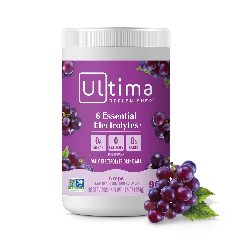 Ultima Replenisher Daily Electrolyte אבקת משקאות Mix - סוכר חינם - Grape, 90 משרתים - אבקת הידרה עם 6 Key אלקטרוליטים ו- Trace מינרלים - Keto Friendly, טבעוני, non-GMO