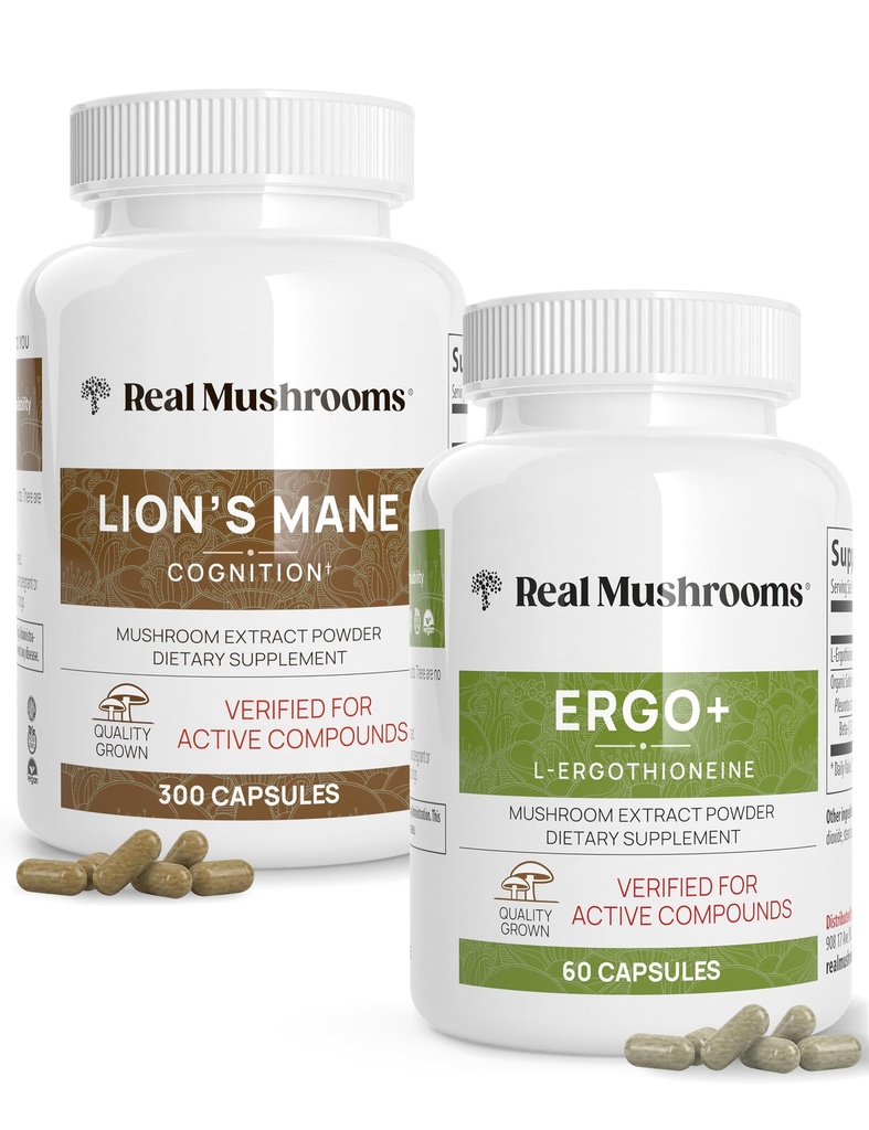 Real Mushrooms Ergothioneine (60ct) ו Lions Mane (300ct) Bundle עם Shiitake ו Oyster Mushroom Extracts - Longevity and Cognition - טבעוני, Gluten Free, non-GMO - תמיכה טבעית עבור הזדקנות בריאה