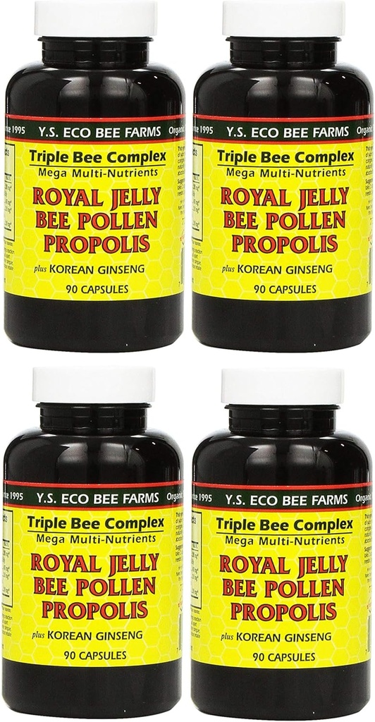 Y.S. Eco Bee Farms, (4 Pack) רויאל ג'לי, Bee Pollen, Propolis, Plus קוריאני גינזנג, 90 קפסולות