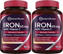 תוספי הברזל של הדוקטור 65 מ"ג עם ויטמין C - Maximized Absorption & Stomach Friendly Iron Pills for Red Blood Cells Formation, Heart, Brain & Immunity Health - Vegan 120 Tabs (Pack of 2)