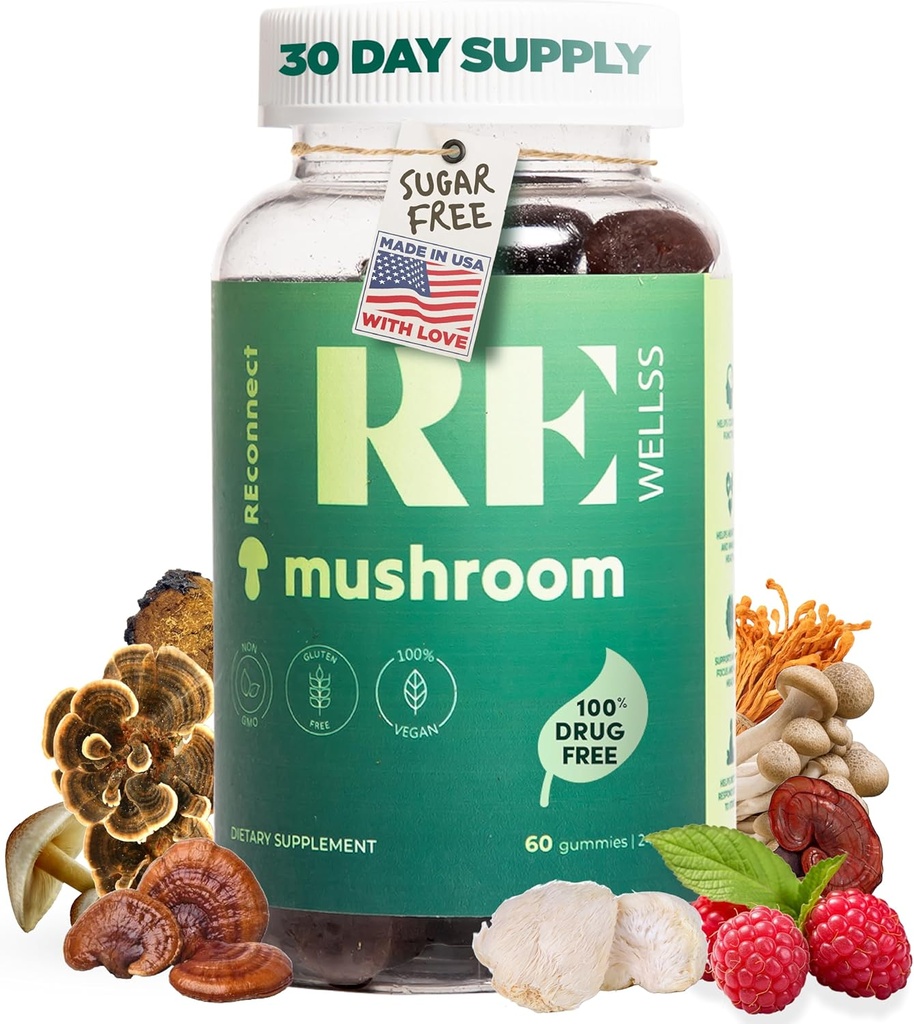 Super Mushroom Gummies I Sugar Free Organic Daily I Chaga Cordyceps Lions Mane Maitake Shiitake טורקיה Tail Reishi | תוספים לתמיכה קוגניטיבית & Immune Focus Energy Stress Mood