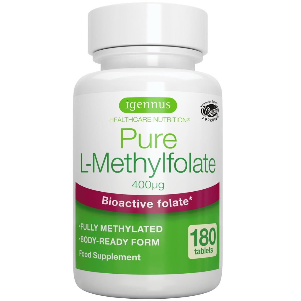 Igennus Pure Methyl Folate 400 mcg, 180 טבליות, תווית נקייה, Methylated Form של Folic Acid 5MTHF (Vitamin B9), טבעוני, מתאים הריון, יום אחד, 6 חודשים אספקת אספקה