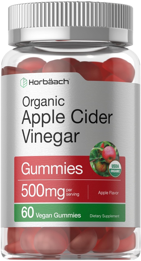 Horbäach אורגני Apple Cider Vinegarmies | 60 חניכיים | טבעוני, non-GMO & Gluten-Free תוסף | USDA אורגני ACV | Apple Flavor