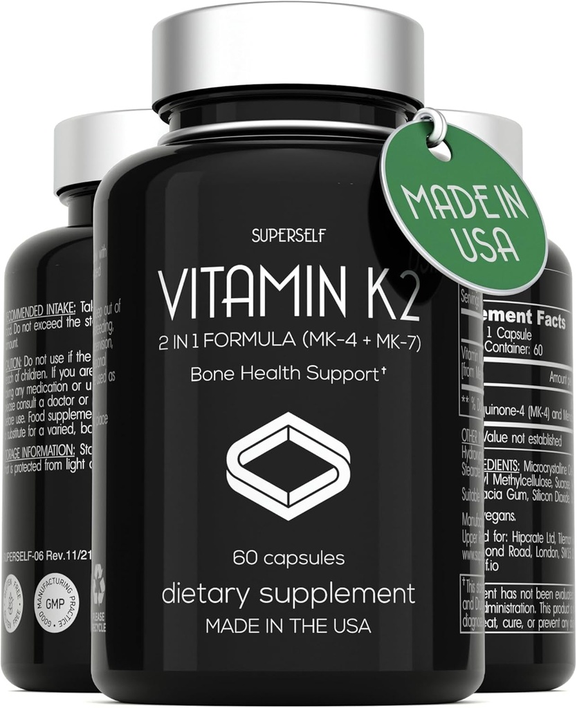 ויטמין K2 קפסולות 100 mcg - ויטמין K Complex MK-7 & MK-60-4 קפסולות - VIT K2 2 ב 1 פורמולה גבוה תוספת MK7 MK4 - Made in USA - טבעוני & Non-GMO