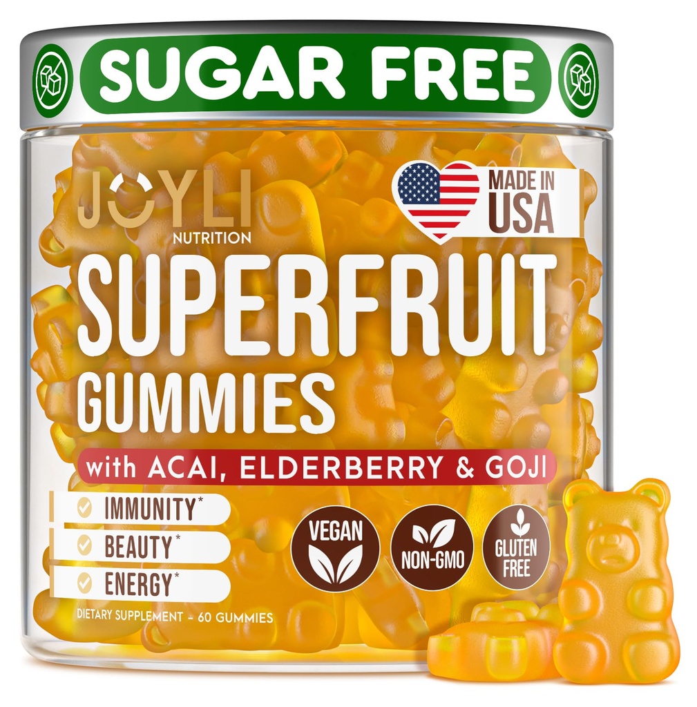 Joyli Superfruit Gummies - פירות ללא סוכר Multivitamin Gummies למבוגרים - ויטמינים טבעיים לחניכיים עבור נשים וגברים עם Goji, Elderberry, ויטמינים A, C, D & E - תומך Immunity,ion & אנרגיה