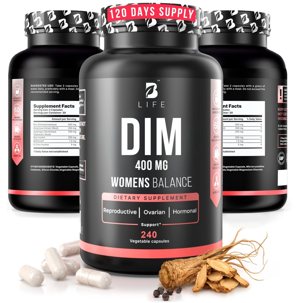 DIM תוספת 400 מ"ג עם Myo & D-Chiro Inositol, Dong Quai - תוספי PCOS - איזון הורמונלי עבור נשים - תוספי פוריות - תוסף Inositol - 240 Capsket