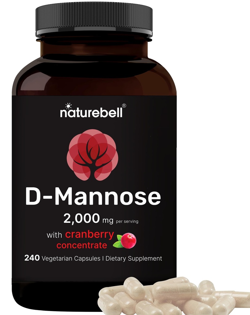 NatureBell D-Mannose 500 מ"ג קפסולות (2,000 מ"ג פרי) | 240 קפסולות Veggie + Cranberry ריכוז 40 מ"ג - Fast Acting Urinary Tract Health Pills - Ultra UTI תמיכה לנשים וגברים