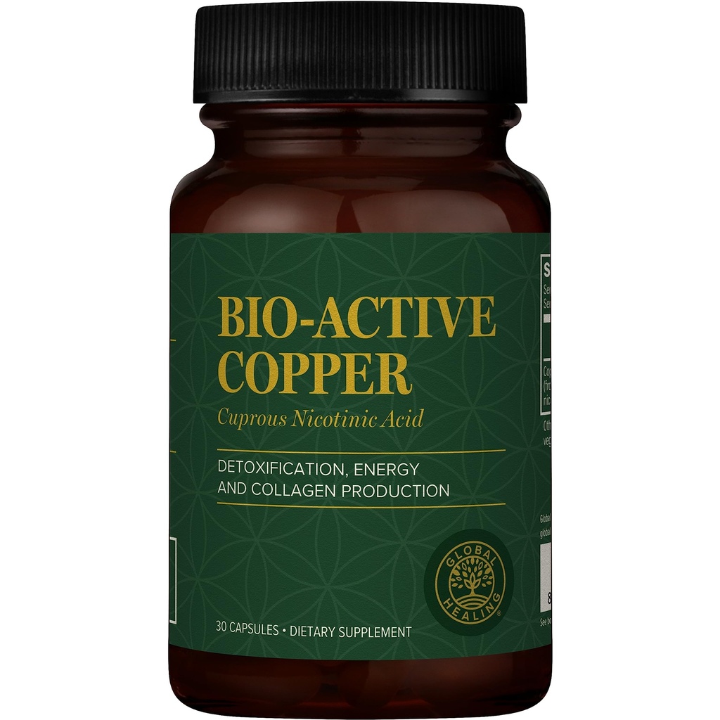 Global Healing Bio-Active Copper תוסף Cu1 - קופיר Nicotinic Acid מסייע לגוף Detox מבפנים - תומך במערכת החיסון ו Red Blood Cell - Niacin ויטמין B3 Chelated Copper - 30 קפסולות