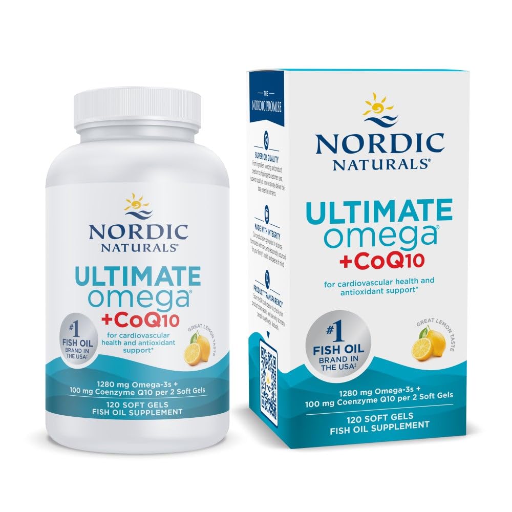 Nordic Naturals Ultimate אומגה + CoQ10, Lemon - 120 Soft Gels - 1280 מ"ג אומגה 3 + 100 מ"ג CoQ10 - בריאות הלב, אנרגיה סלולרית, תמיכה אנטי-חמצן - 60 משרתים