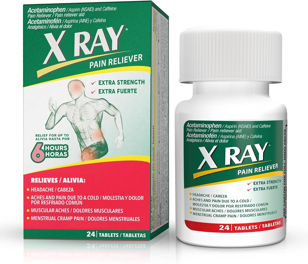 X ray תוספת כוח כאב Reliever: Acetaminophen 500 מ"ג, Aspirin, Caffeine - 24 טבליות כל אחד, פורמולה פוטנט עבור Migraine, Headache, ו- Back Pain הקלה, מפחית את Inflammation
