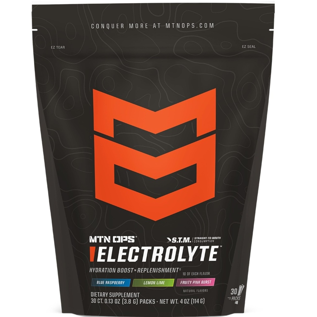 MTN OPS אלקטרוליט אבקת Packets, Sugar Free hydrotion Packets, Gluten-Free hydrotion אבקה, Electrolyte Packets STM "Straight to Mouth" - חבילת Variety של 3 Flavors, 30 Packs