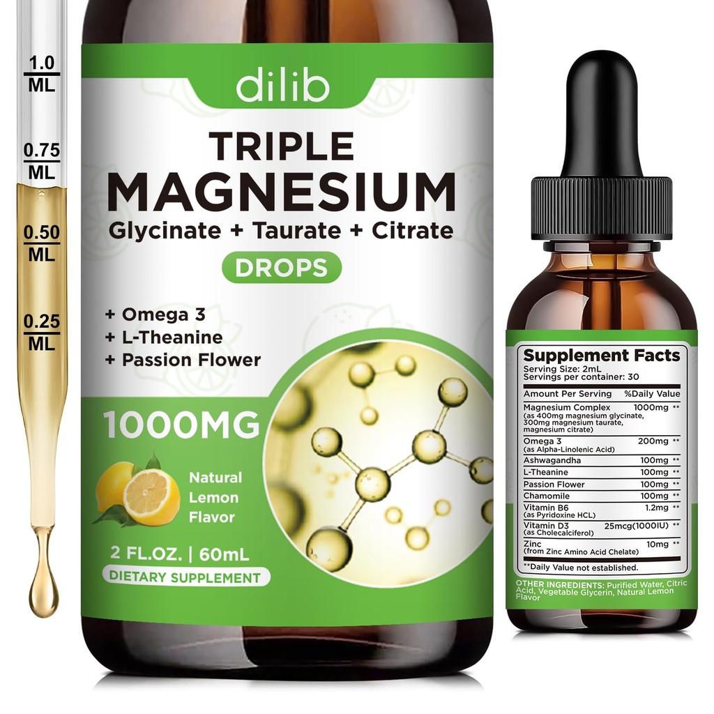 מגנזיום נוזלי Glycinate תוסף 1000 מ"ג, Calm Magnesium Citrate, Turate טיפות עם אומגה 3, Zinc, Ashwagandha, L-theanine, Chamomile for Sleep, Mood, Stress Relief, Bone, Lemonor, Lemon Flavor