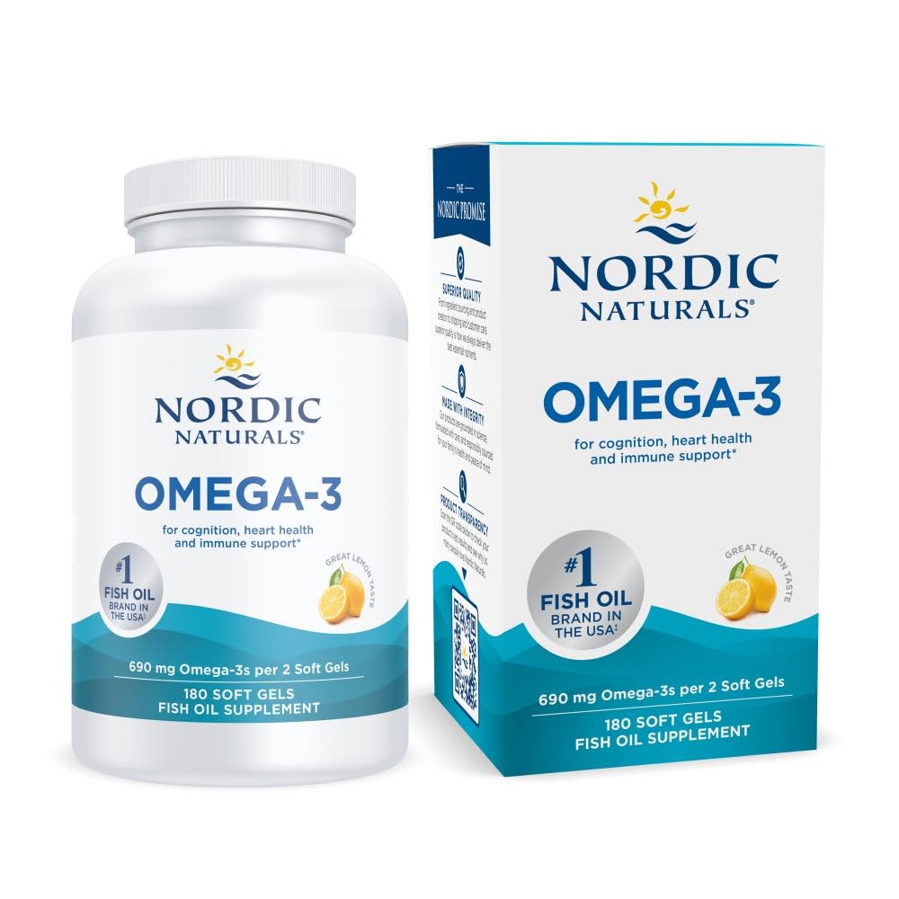 Nordic Naturals אומגה 3, Lemon Flavor - 180 Soft Gels - 690 מ"ג אומגה 3 - שמן דגים - EPA & DHA - Immune Support, Brain & Heart Health, Optimal Wellness - Non-GMO - 90 משרתים