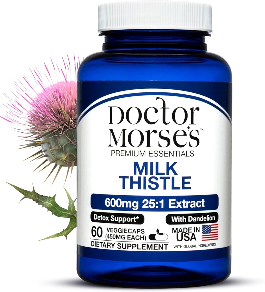 Doctor Morse Milk Thistle תוסף 25:1 לחלץ 600mg Equivalent ל 15000 מ"ג, Liver Detox תומך 4:1 לחלץ 300 מ"ג Equivalent to 1200mg Dandelion Root - FDA מוסמך Ultra Potent Formula - 60 Caps Caps