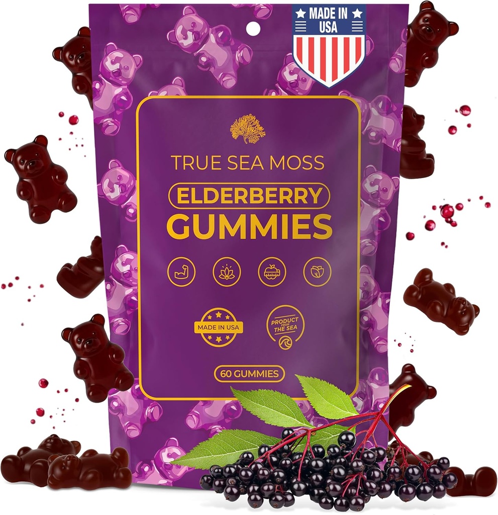 TrueSeaMos Sea Mosss Elderberry חניכיים למבוגרים ולילדים - עם Burdock Root, Bladderwrack & Magnesium - טבעוני, Non-GMO Formula - Made in USA - 60 חניכיים