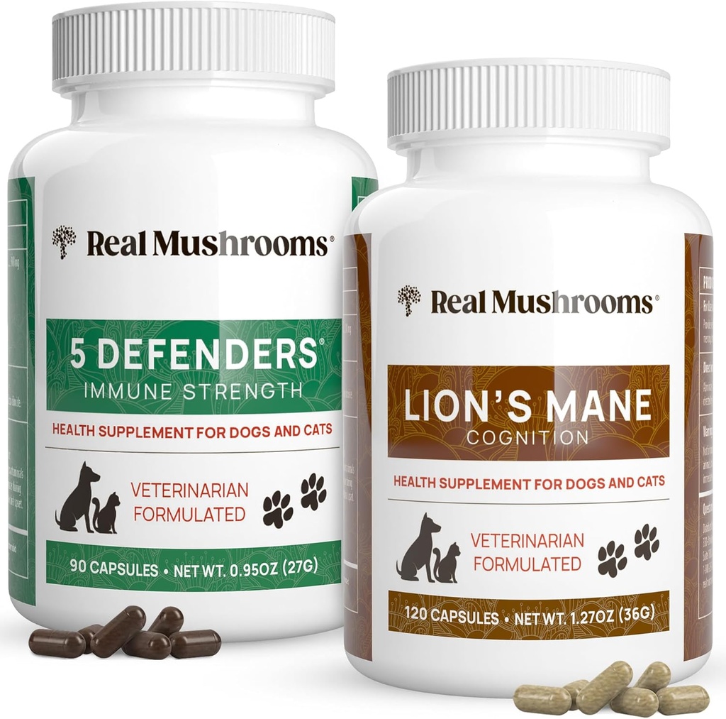 Real Mushrooms 5 Defenders for חיות מחמד (90ct) ו- Lions Mane for חיות מחמד (120ct) - Bundle for Immune Power & Cognition - טבעוני, non-GMO, Gluten-Free, Grain-Free Mushroom Pet תוספי מזון