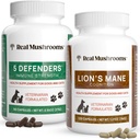 Real Mushrooms 5 Defenders for חיות מחמד (90ct) ו- Lions Mane for חיות מחמד (120ct) - Bundle for Immune Power & Cognition - טבעוני, non-GMO, Gluten-Free, Grain-Free Mushroom Pet תוספי מזון