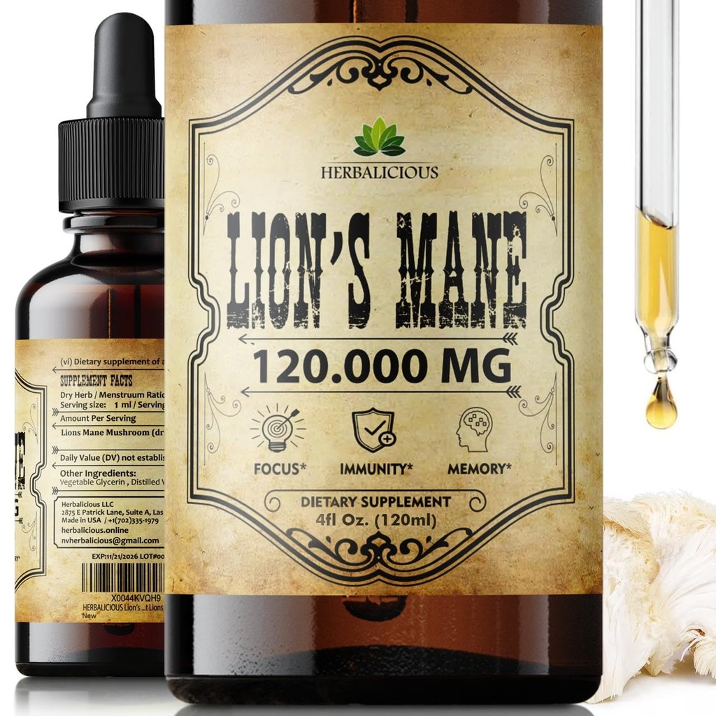 Lion's Mane Extract 4 oz נוזל - טבעי Mushroom תוסף Tincture עבור המוח, זיכרון, בהירות נפשית וריכוז - Immune Support - High Potency Formula - 90-Day Supply