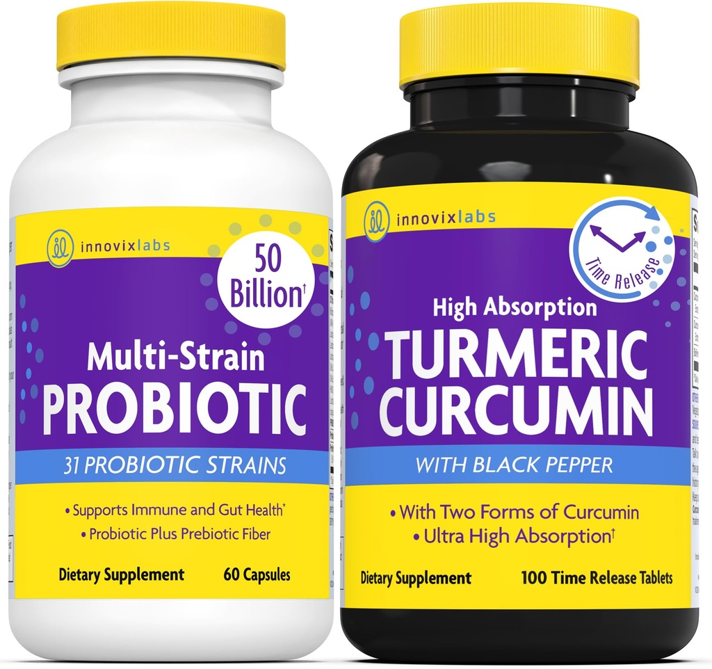 InnovixLabs Multi Probiotic & Curcumin Bundle Multi-Strain Probiotic (60 Time-Release כמוסות) Turmeric Curcumin (100 טבליות Time-Releases). תמיכה ב- Gut וב-Immune Health