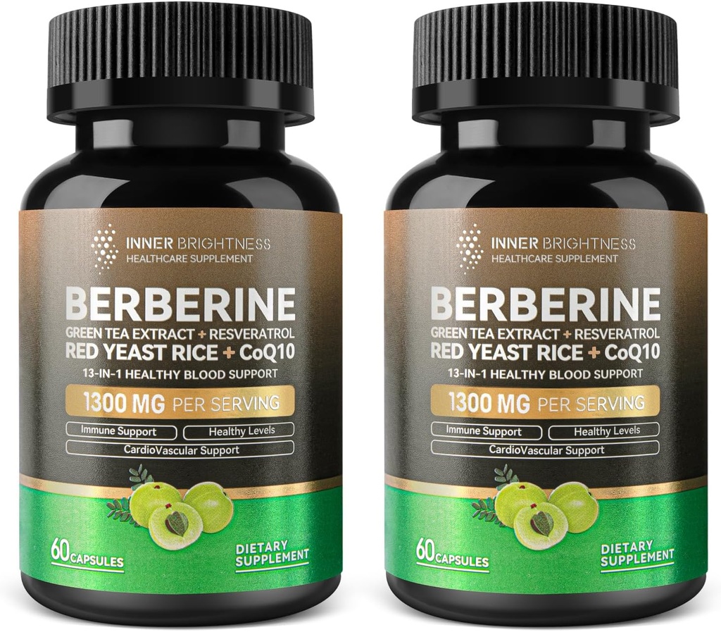 Berberine 1300 מ"ג עם ייצור תה ירוק, Resveratrol, Red Yeast Rice & CoQ10 - 13-in-1 Immune Health, תמיכה מטאבולית טבעית - 60 קפסולות - non-GMO, מעבדה נבדק - 2 Pack
