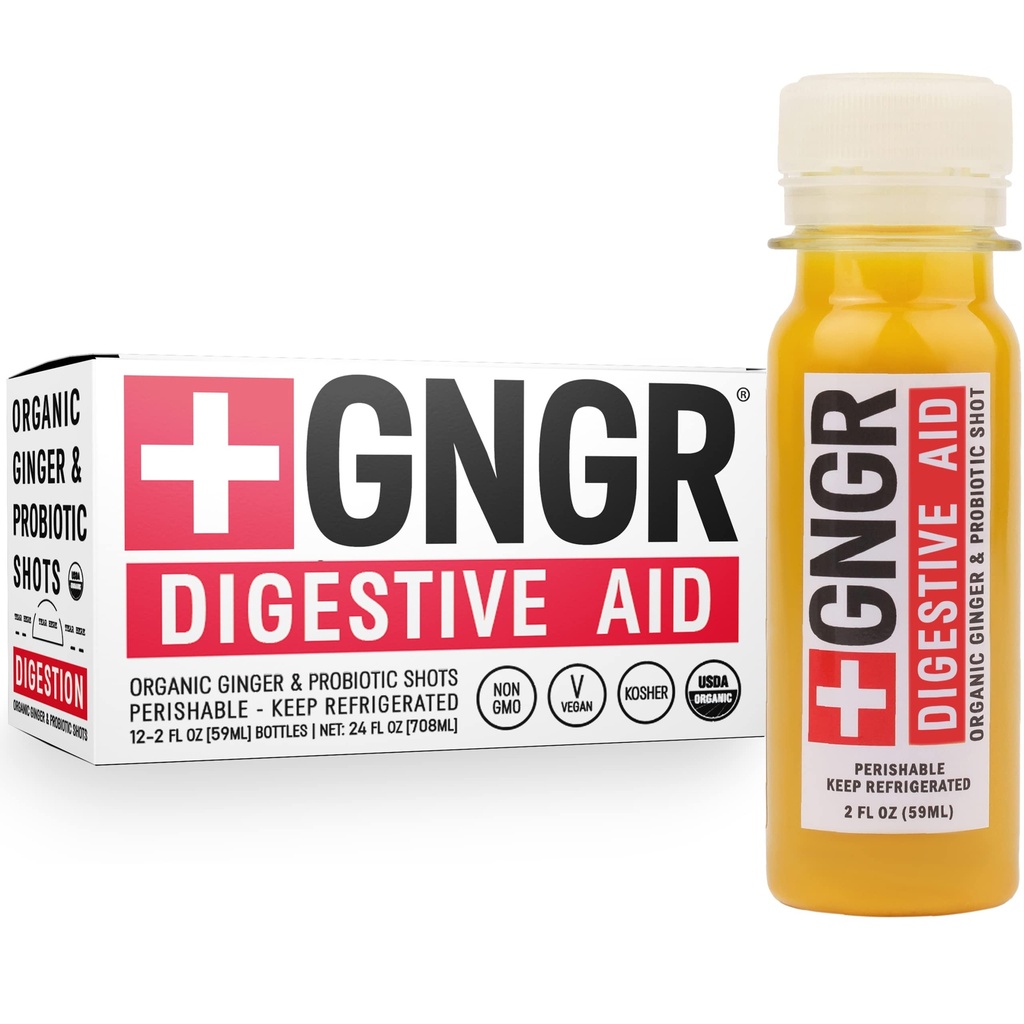 +GNGR Digestive Aid Electric Shots with Probiotics, Gut Health, קולון ניקוי, Bloating Relief, Gut Detox, Immunity Shots with Joker, Turmeric, Black Pepper. (2 Oz, Pack of 12)