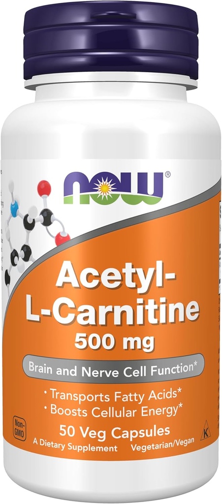 תוספי מזון עכשיו, Acetyl-L Carnitine 500 מ"ג, Amino Acid, Brain and Nerve Cell function *, 50 ואג קפסולות