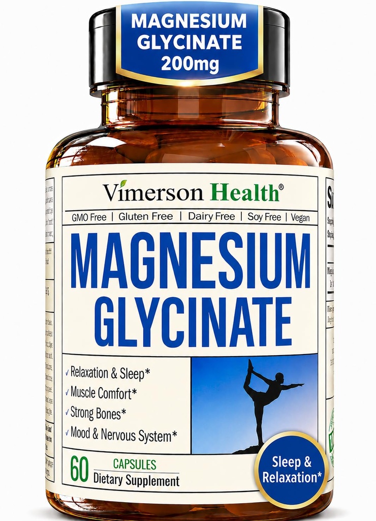 מגנזיום טהור Glycinate 200 מ"ג (Glicinato de Magnesio) - תוספת מגנזיום עבור שינה, הירגעות, שרירים ונשים - Better Absorbed Than Citrate או Oxide - 60 קפסולות טבעוניות