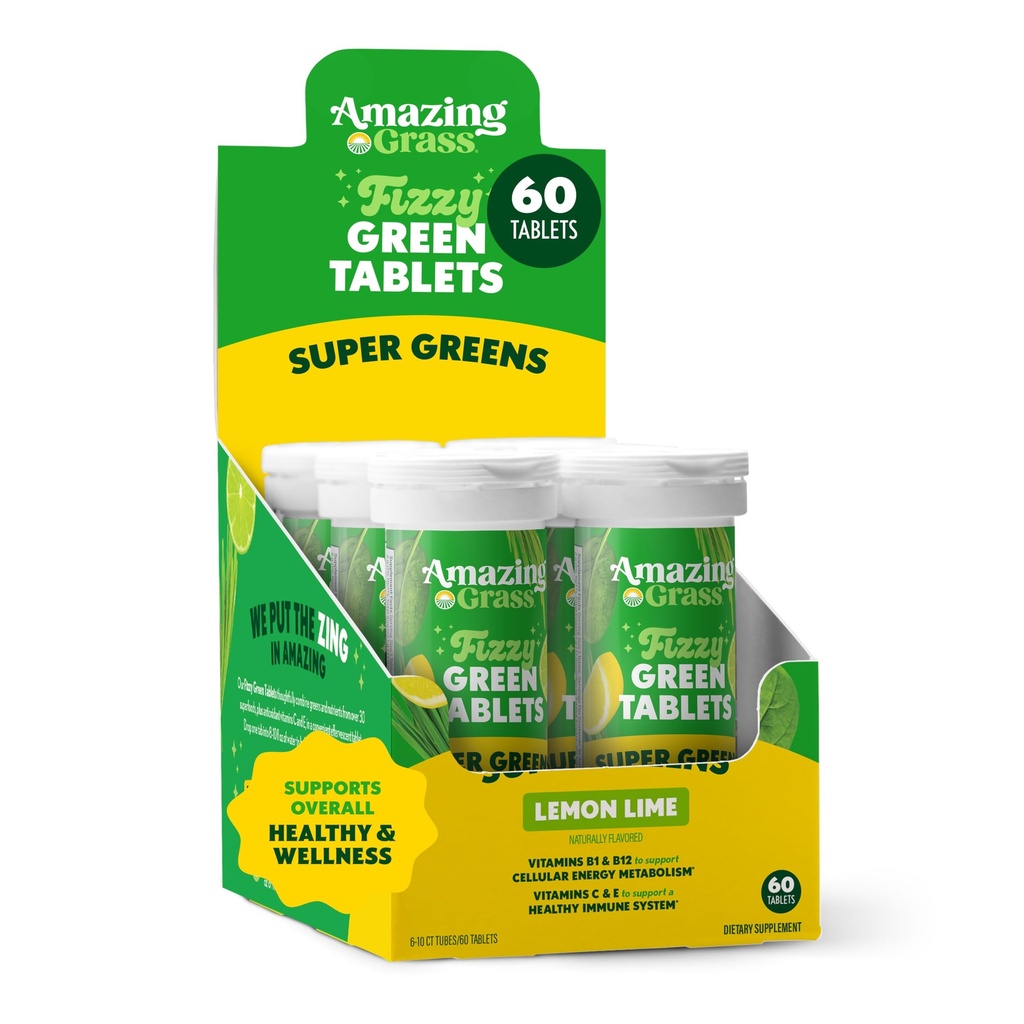 טבליות דשא מרהיבות: Green Superfood Water Flavoring Tablet with Antioxidants & Alkalizing Greens, Lemon Lime, 60 Count Count