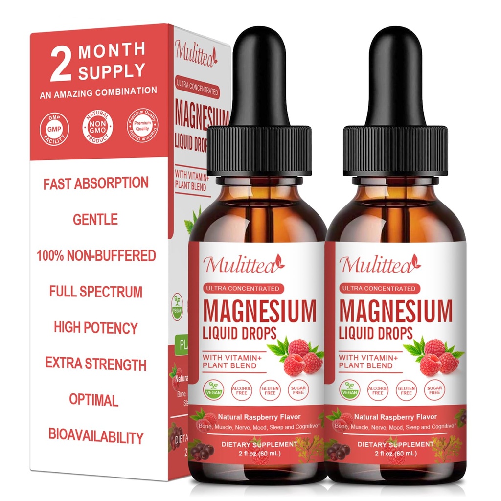 Magnesium Glycinate נוזל טיפות - תוספת משולשת של Absorption לתמוך Nerves, Sleep, Calm, Heart, השרירים *-Sugar-Free with Potassium, L-theanine, Sea Mos, ויטמין B, C,D3, K2-2Pack
