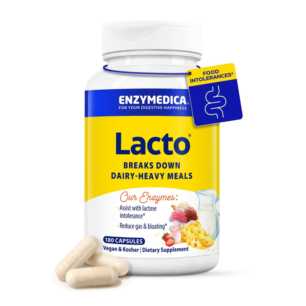 Enzymedica Lacto, גלולות Lactase מתקדמות עבור תמיכה חלב, עוזר לשבור את Lactose, Casein & שומן, גלולות הקלה חלב, טבעוני, 180 קפסולות