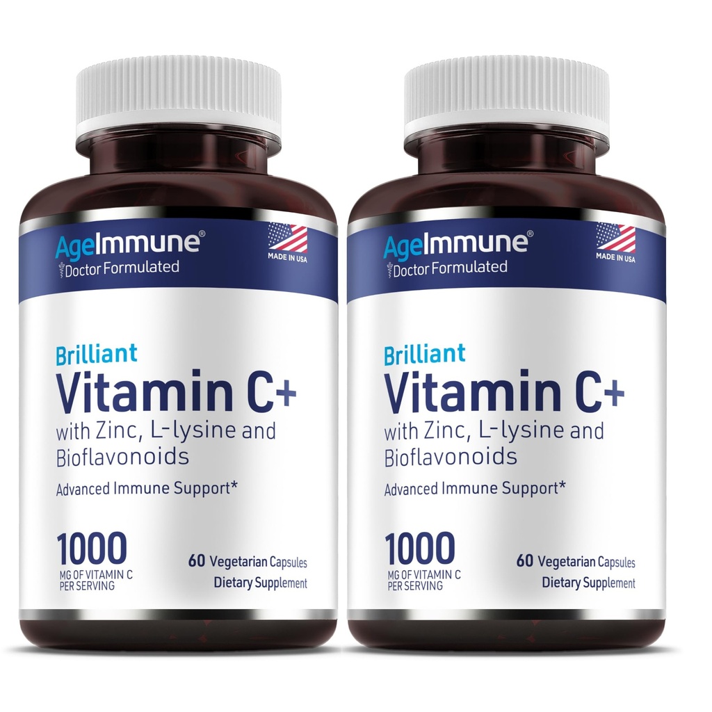 Vitamin C 1000mg Complex with L-Lysine 500mg, Zinc Gluconate 12mg, Bioflavonoids 300mg. Doctor Formulated Magnesium Stearate Free Supplements for Healthy Immune System Support. Two Bottles.(2)