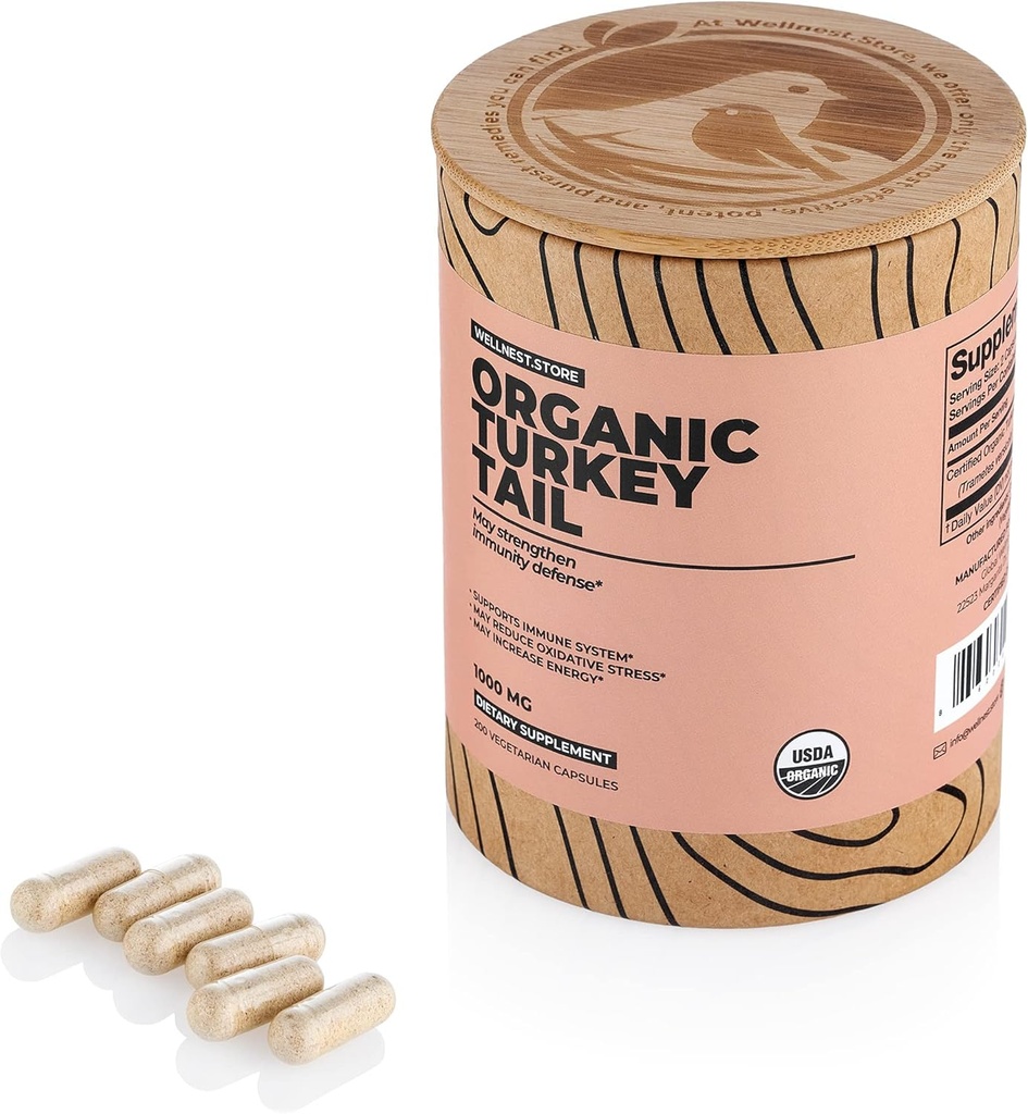 טוב. חנות טורקיה Tail Organic Mushroom (Trametes Extracts) 200 Veggie Caps - Immune Support Supplement; מקדם צמיחה של Bacteria Beneficial ב Gut + Boosts אנרגיה