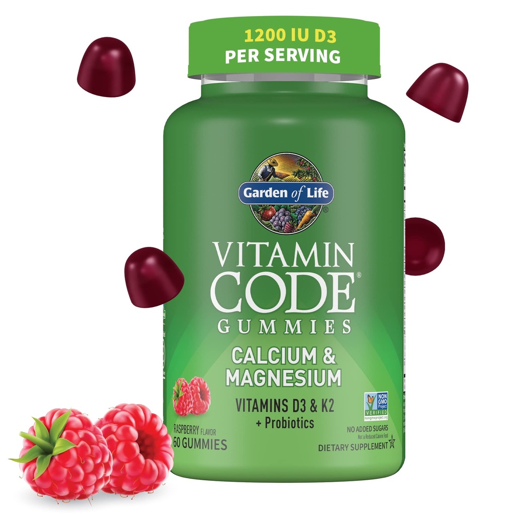 Garden of Life ויטמין Code Calcium Magnesium Gummies with D3 & K2, תומך עצמות בריאות ועצמות העצם + Prebiotics & Probiotics for Digestive Support, Non-GMO, Gluten-Free, 60 חניכיים פטל