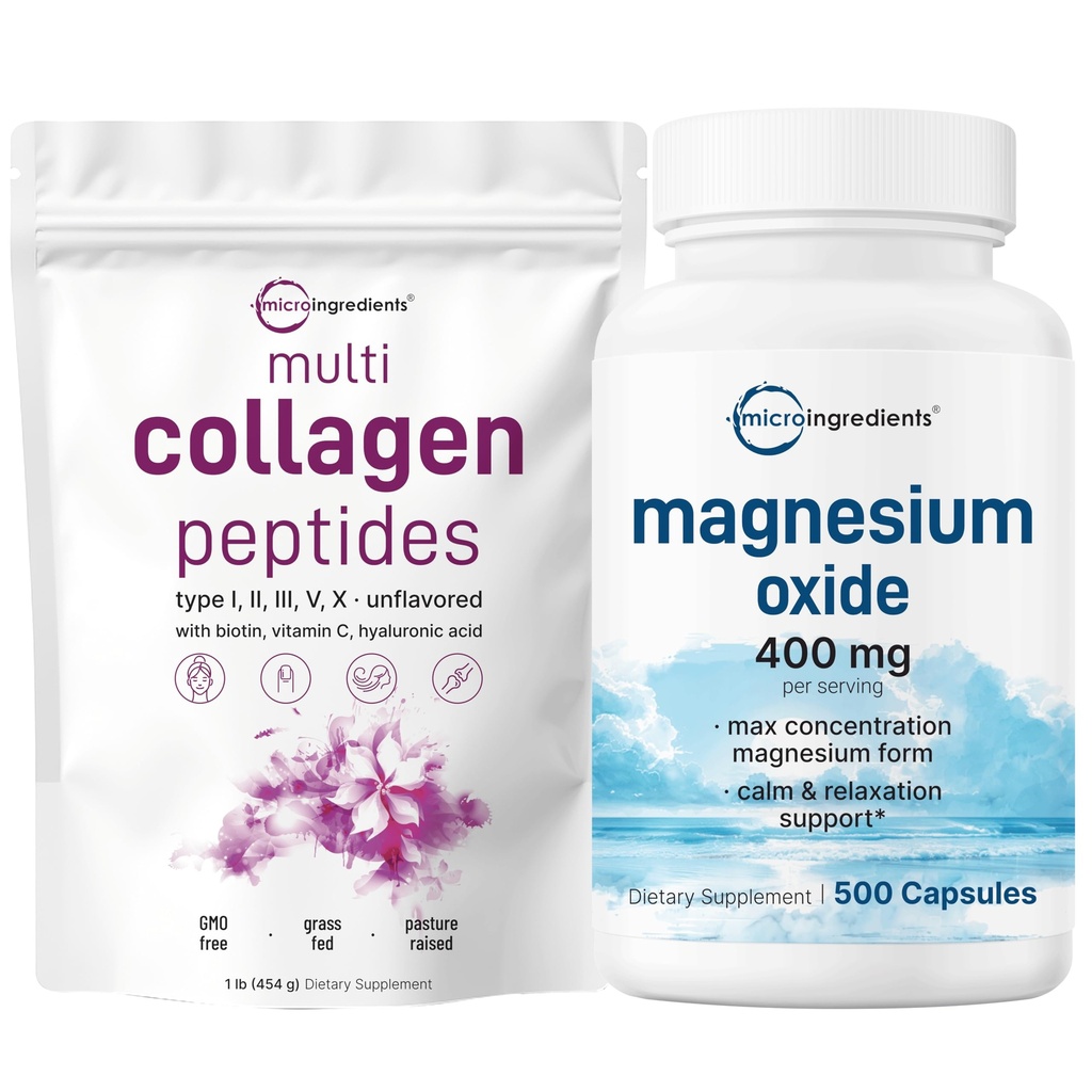 אבקת חלבון רב קולגן 16oz & Magnesium Oxide 400 מ"ג Bundle Pack | Grass-Fed Collagen Peptides