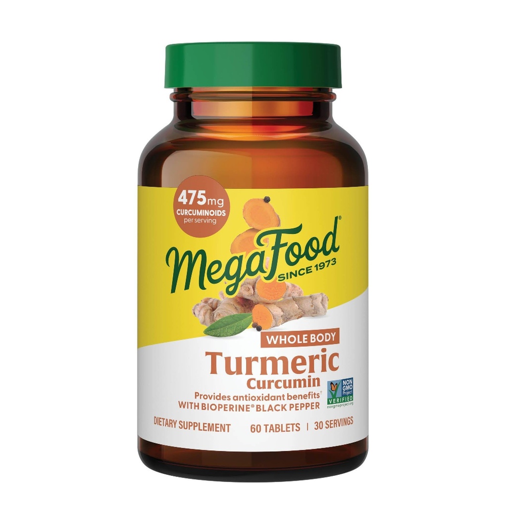 Mega Foods Whole Body Turmeric Curcumin תוסף - תוסף Turmeric עם Black Pepper & ויטמין C - 475 מ"ג Curcuminoids Per משרת - Antioxidant & Immune Support - טבעוני - 60 טבליות, 30 משרתים