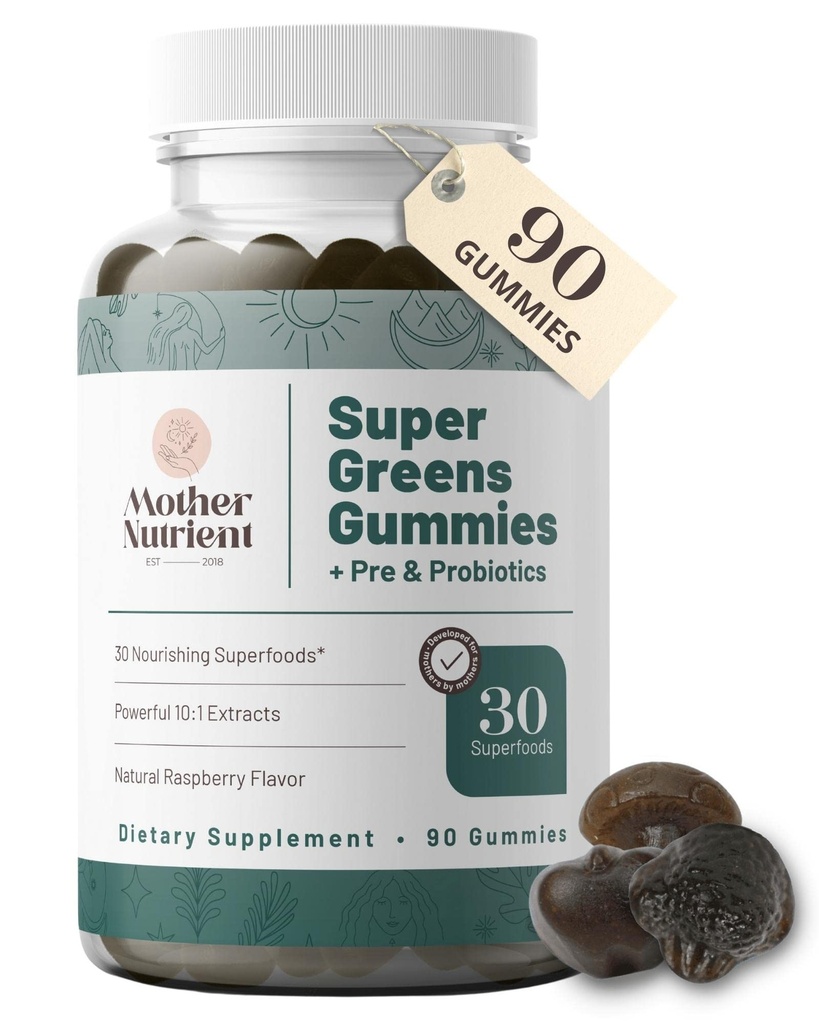 Super Greens Gummies לנשים, מבוגרים - עם Prebiotics & Probiotics, לא 8, אבל 30 Powerful Greens Superfoods - Multivitamin Veggie Chewables (90 חניכיים)
