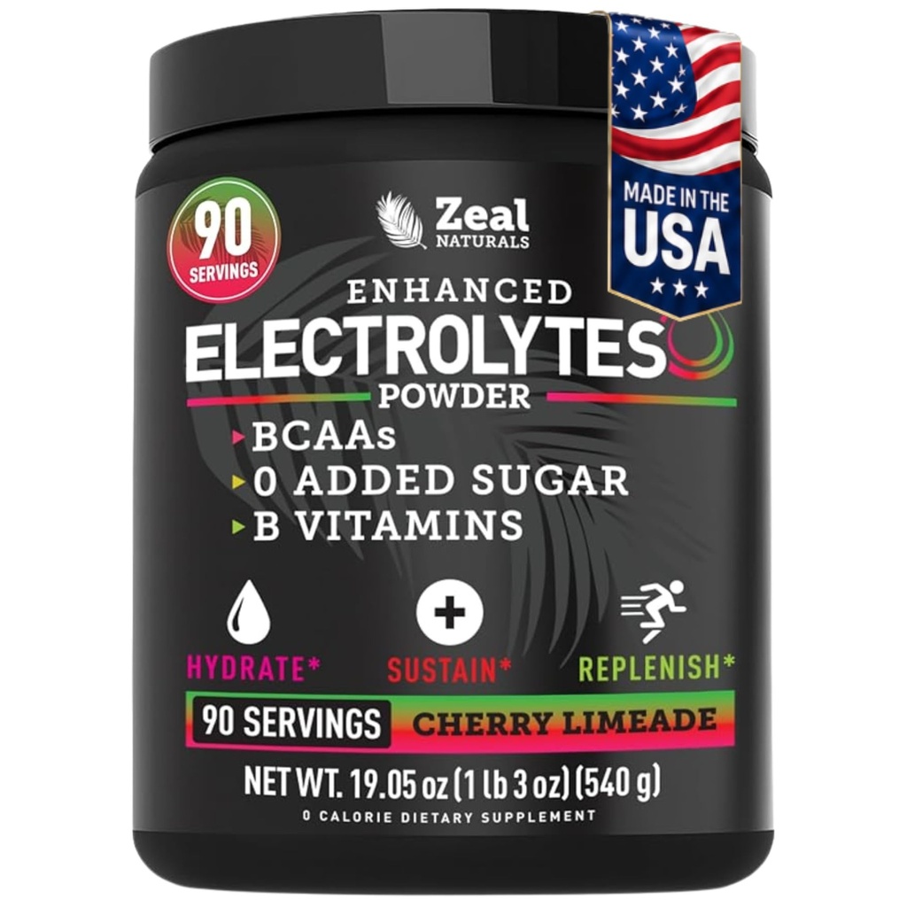 Zeal Naturals Electrolyte אבקת Recovery לשתות (90 מנות | Cherry Limeade) w 0 Sugar +BCAAs +B-Vitamins Electrolyte תוסף wassium Zinc & Magnesium עבור הידרה - Keto Electrolytes