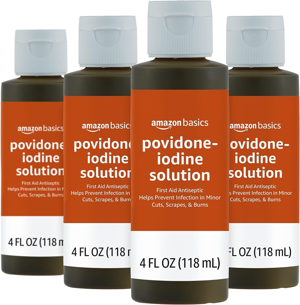 בסיסי עזרה ראשונה אנטיסקפטית, 10%  Povidone Iodine פתרון, 4 Fluid Ounces, 4Pack (לשעבר Solimo)