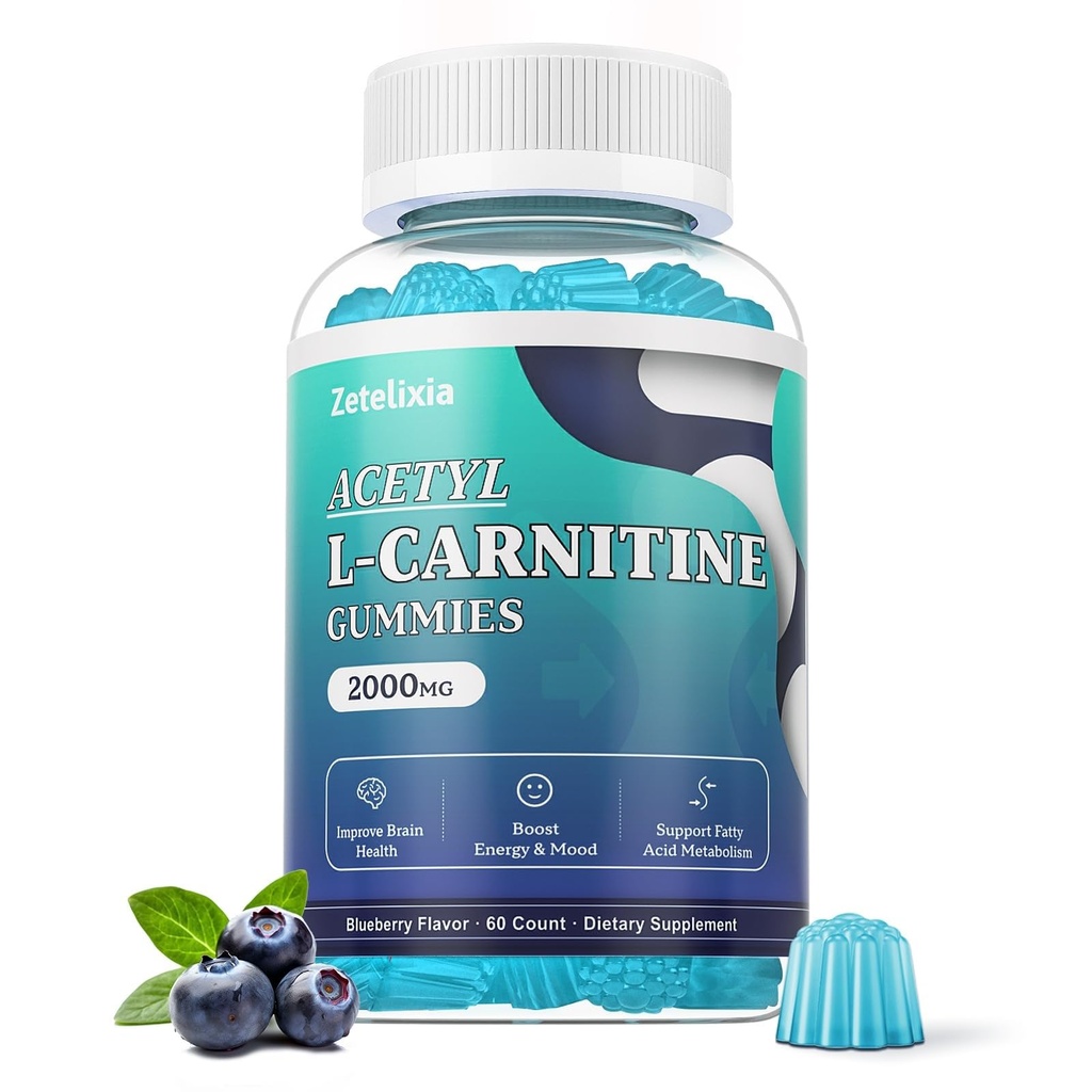סוכר חינם Acetyl L-Carnitine Gummies, L-Carnitine תוסף עבור נשים וגברים, עם ויטמין C & B12, ALCAR לאנרגיה, Brain & Heart Health Support, טבעוני, non-GMO, 60 הרוזן