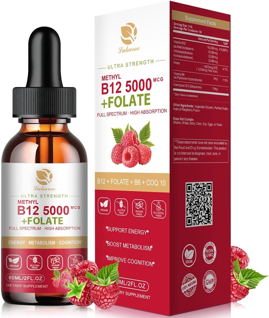 Loaree ויטמין B12 sublingual Drops טבעוני B12 ויטמינים נוזלי-Full Spectrum-Methylcobalamin, Adenosyl & Hydroxy B12, עבור אנרגיה, להתמקד, Mood & Immune תמיכה 2 חודש אספקה, 2 oz oz oz