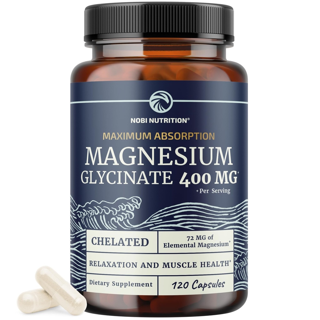 Magnesium Glycinate 400 מ"ג | High Absorption פורמולה לשינה, Calm, כאבי שרירים, לב, עצמות ועצב תמיכה לנשים וגברים | תוספת מגנזיום Glycinate | 120 Ct (2 חודשים אספקה)