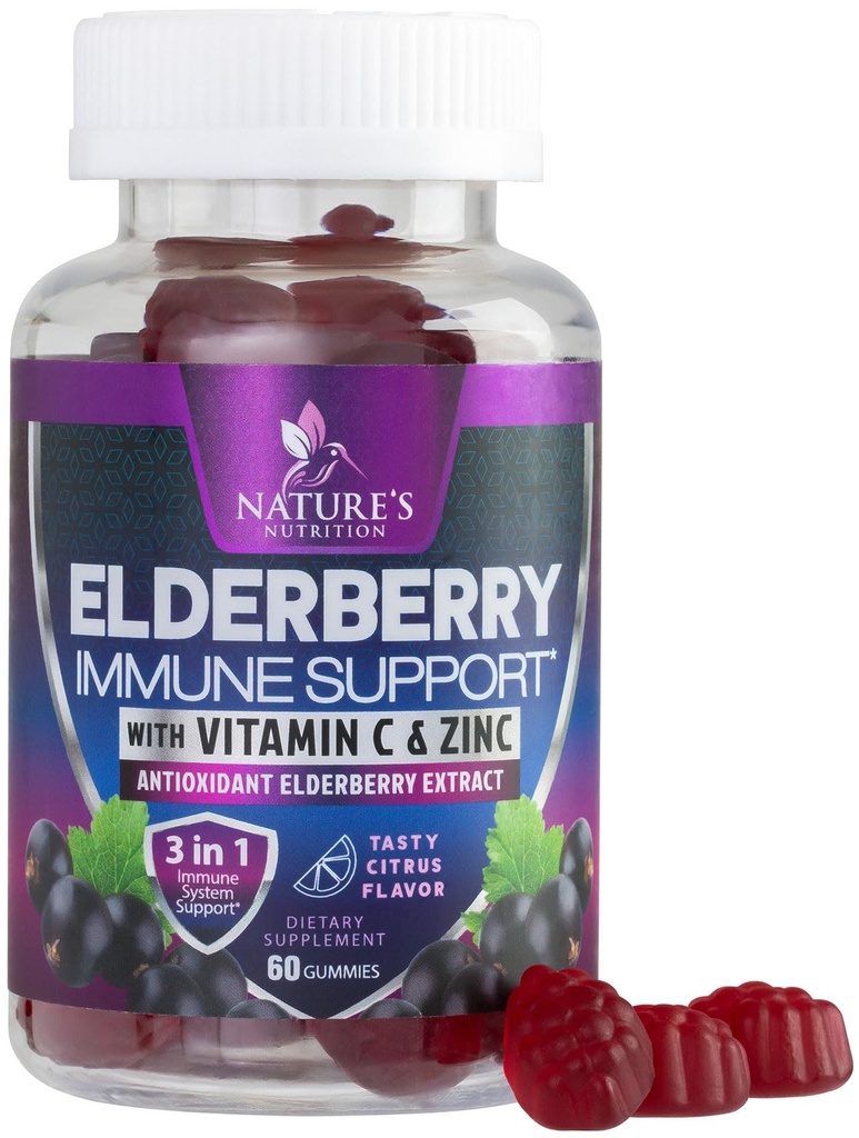 Immune Support Gummies - Sambucus Elderberry מסטיקמי עם Elder ברי לחלץ, Zinc & ויטמין C, Natural טבעוני תמיכה תוספת עבור מבוגרים וילדים, חניכיים מבוגרים - 60 חניכיים
