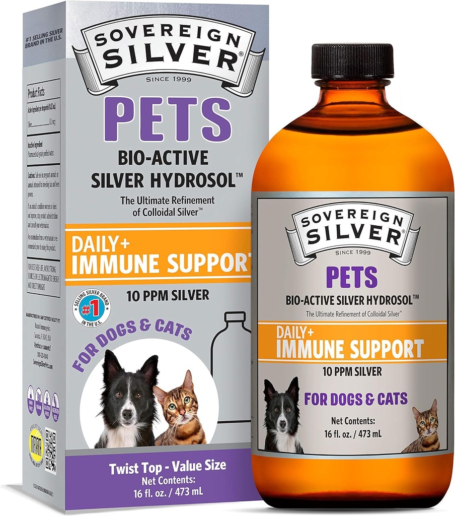 ריבור חיות Immune Support - Colloidal Silver, Bio-Active Silver Hydrosol, עבור כלבים וחתולים, 10 ppm, נוזל למעלה, 16 Fl Oz, (473 mL)