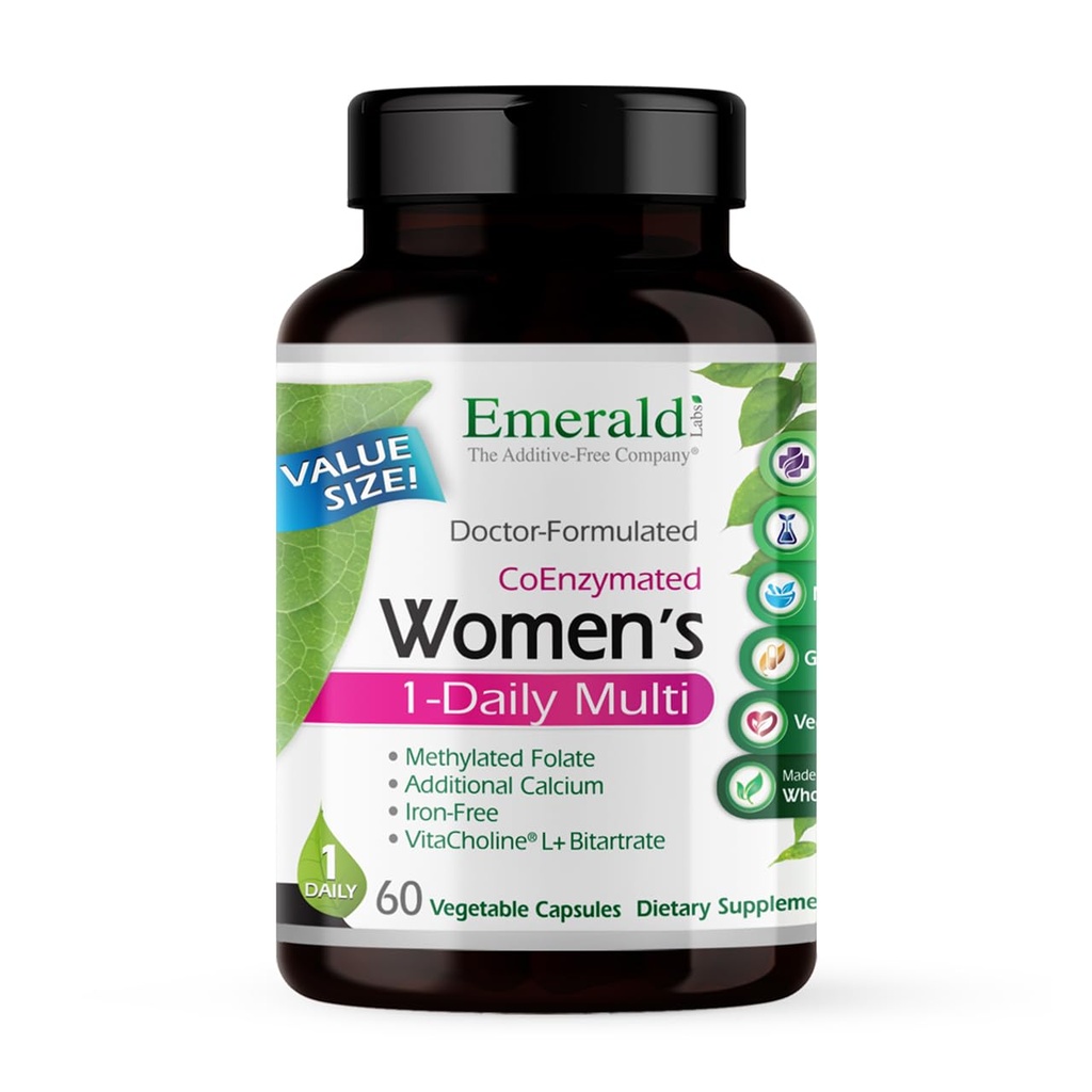 EMERALD LABS Women's 1-Daily Multivitamin for Women - כולל Calcium, Zinc, ויטמין B & More - Bone & Immune Support * - Gluten-Free - 60 קפסולות ירקות