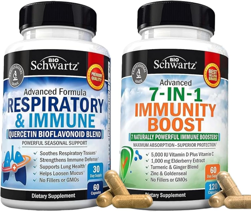 BioSchwartz Respiratory & Immune Lung תמיכה תוסף עם Quercetin (1 חודש אספקה) בנוסף 7 ב 1 Immune תמיכה תוספת עם אנטי-חמצן (2 חודשים אספקה)