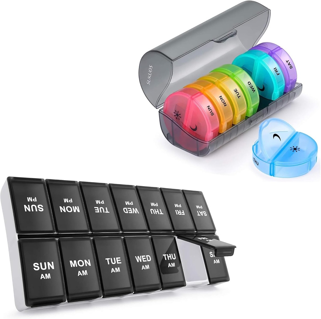 2 Pack Weekly Pill Productionser 7 Day 2 פעמים ביום, Sukuos Large Daily Pill Box for Pills/Vitamin/Fish Oil/Supplements, BPA Free Pill Cases, Easy to ניקוי