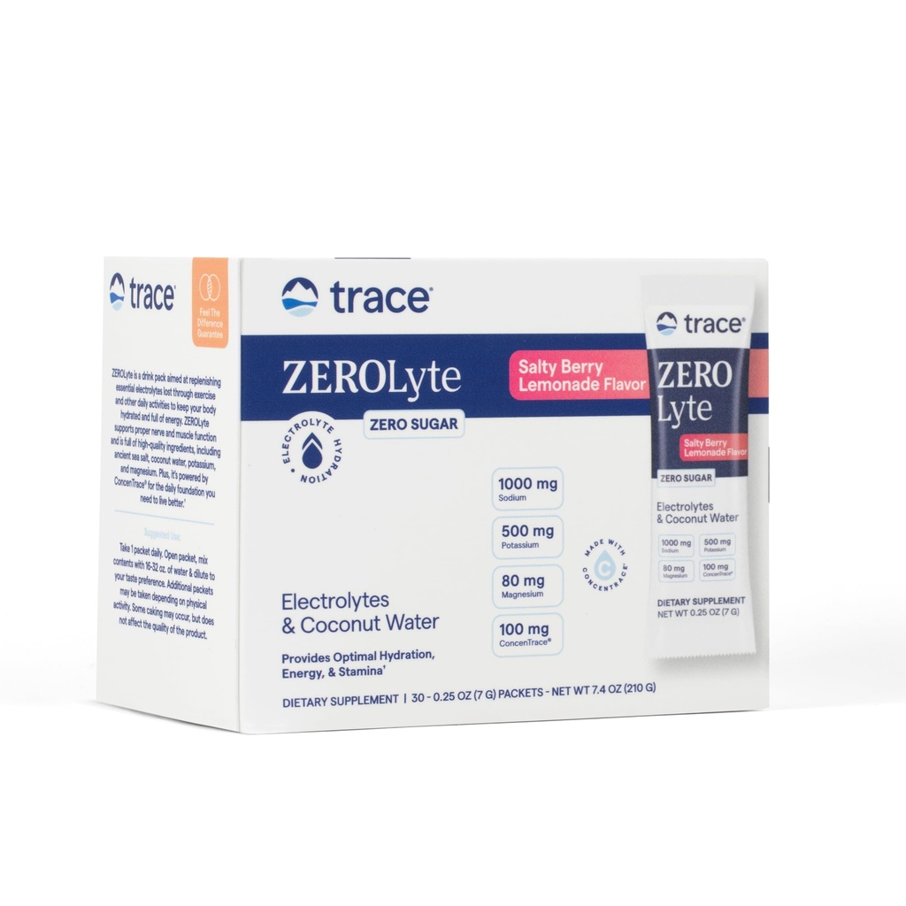 Trace מינרלים ZeroLyte - שתיית אבקת Mix תומכת בהשקה ואנרגיה - מסייעות לתפקוד עצבי ושרירים בריאים - תמיכה בריאות הלב וחשיפה - Salty Berry Lemonade, 30 Packets (30 משרתים)