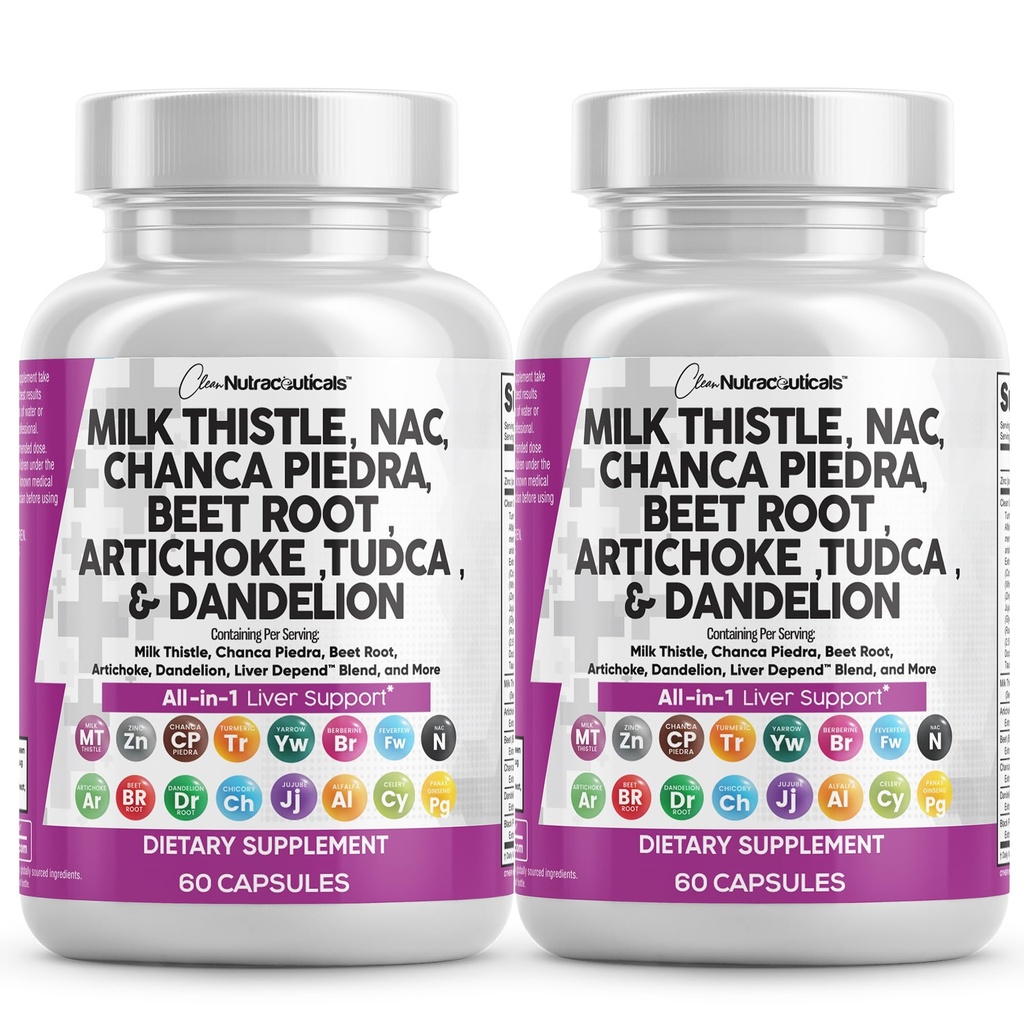 ניקוי Nutraceuticals Milk Thistle NAC Chanca Piedra Beet Root Artichoke Dandelion Root - Liverנקי תוספת פלוס TUDCA Choline & ג'ינג'ר - 2Packack